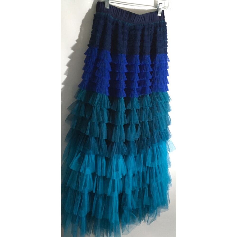 Beulah Style Women's Size Medium Blue Teal Mesh Layered Tiered Ruffle Skirt - Picture 3 of 7